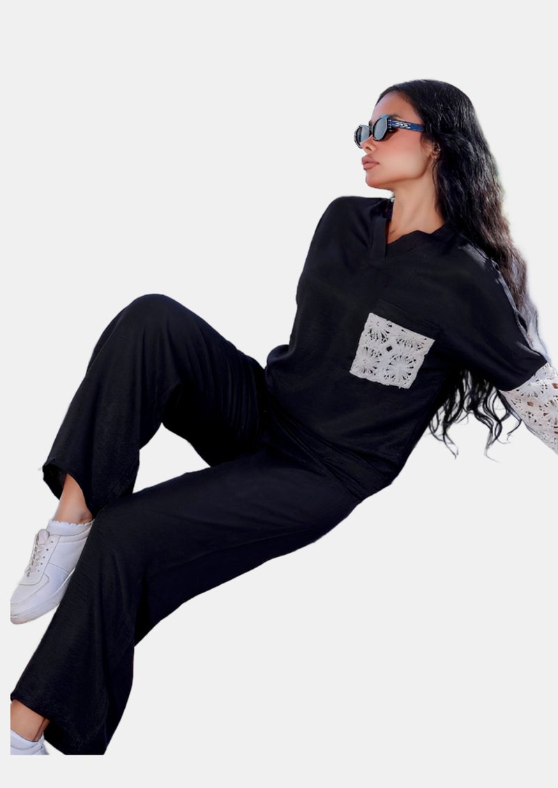 طقم "رويال" قطعتين – كارديجان دانتيل وبنطلون كتان راقي.